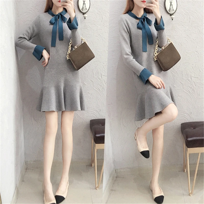 

Knit Dresses Women's 2020 Autumn And Winter Korean Fashion Long-Sleeved Bowknot V-Neck Sweater Dress Loose A-Line Skirt Pullover