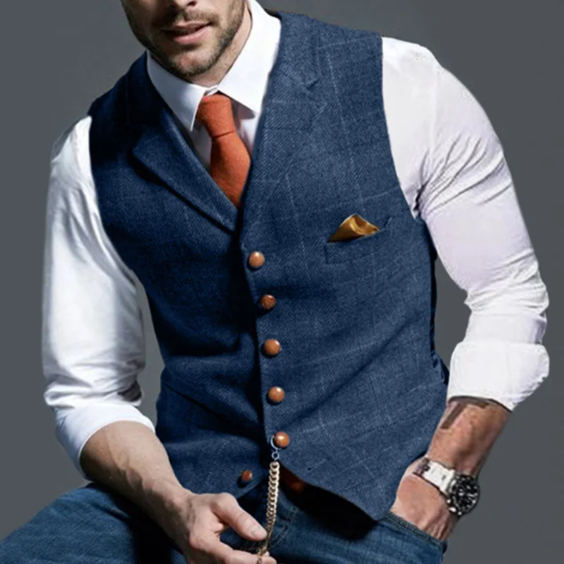 

2021 hot Mens Suit Vest Notched Plaid Wool Herringbone Tweed Waistcoat Casual Formal Business Groomman For Wedding Dropshipping