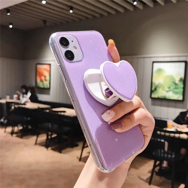 2022.Candy Color Stand Holder Phone Case For iPhone 12 11 12Pro Max XR XS Max X 6S 7 8 Plus 11Pro SE 2 Glitter Love Heart Back