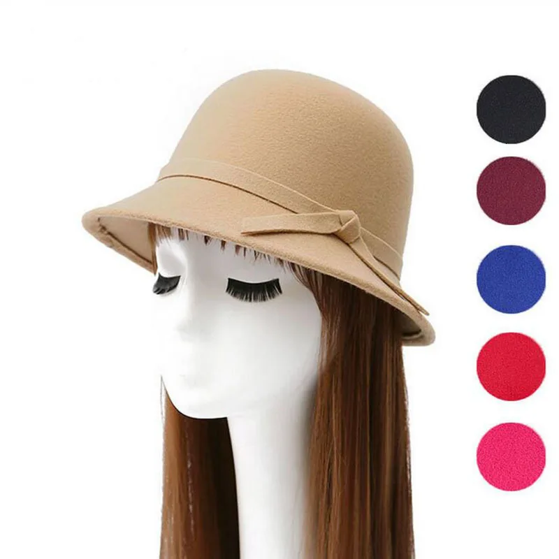 

New 6 colours women hat bowknot wool Fedoras cap Basin of dome woolen cloth hat female cloth Basin cap free shipping