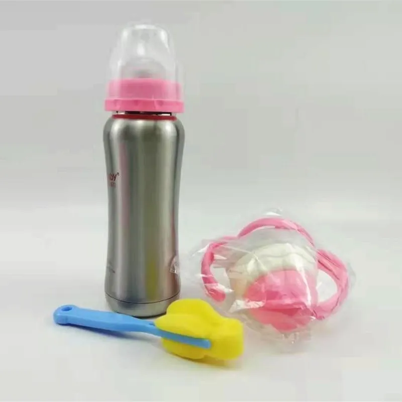pink 240 мл бутылки младенца термос Нержавеющая сталь бутылочка для кормления 3-в-1 бутылочка для кормления ниппель изоляционная кружка вакуумная фляга бутылки из-под молока - Цвет: pink