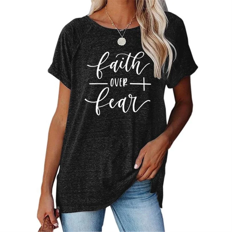 

Summer 2021 Women O-Neck Tops Solid Color T-shirt Faith Over Fear Letters Print T-Shirt Casual Faith Women Loose Short Sleeve