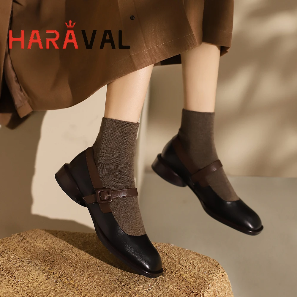 

HARAVAL Women Mary Jane Pumps Buckle Shoes Low Heels Leather Female Footwear Casual Fashion Elegant Black White Asakuchi A106