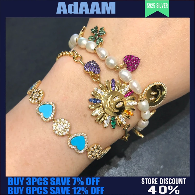

S925 Sterling Silver Summer New Sun Flower Smiley Face Bracelet Women Fashion Personality Simple Pearl Heart-shaped Bracelet Gif