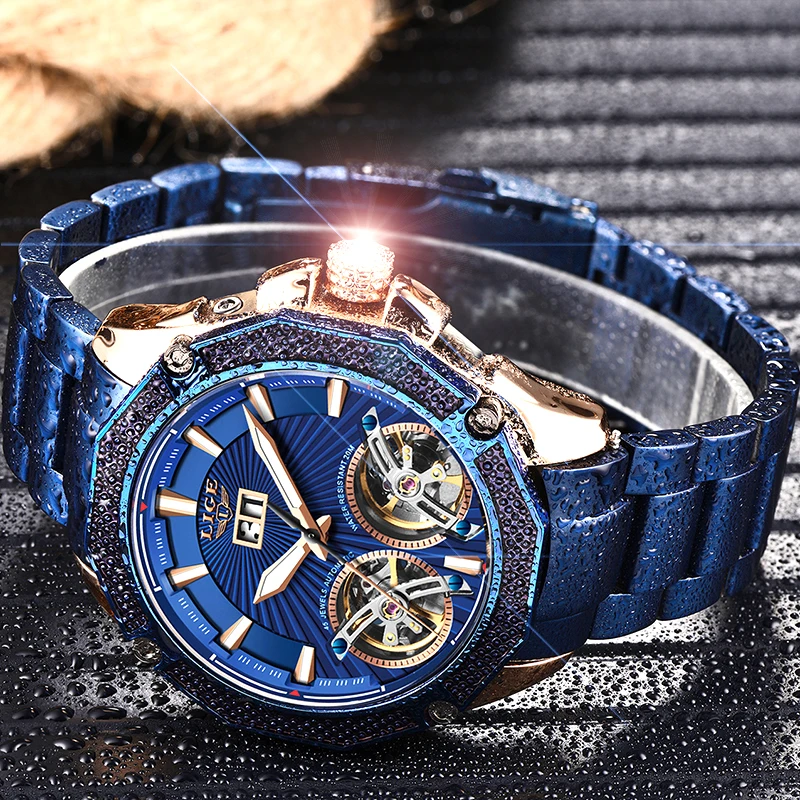 

LIGE 2020 Men Watch Automatic mechanical watch Stianless Top Brand Dress Luxury Luminous Double Tourbillon Wristwatch Gift Man