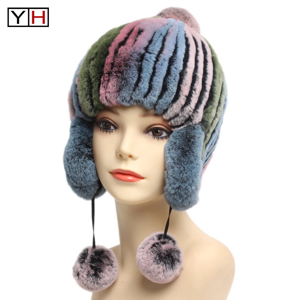 Зимняя шапка ушанка для женщин Настоящий мех кролика в русском стиле Толстая