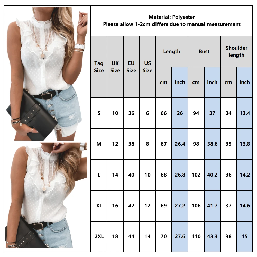 

Women Elegant Solid Color Ruffle Blouse Shirt 2020 Summer O Neck Blusas Ladies 2XL New Casual Button Sleeveless Tops Camisa D30