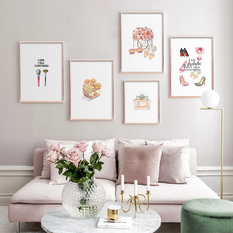 

Nordic Wall Art Watercolor Canvas Painting Perfume High Heels Poster Print Fashion Picture Modern Girls Room Salon Beauty Decor