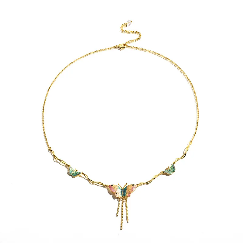 

European and American Design Hand-painted Enamel Color Glaze Sweet Girl Tassel Butterfly Decoration Clavicle Chain Necklace