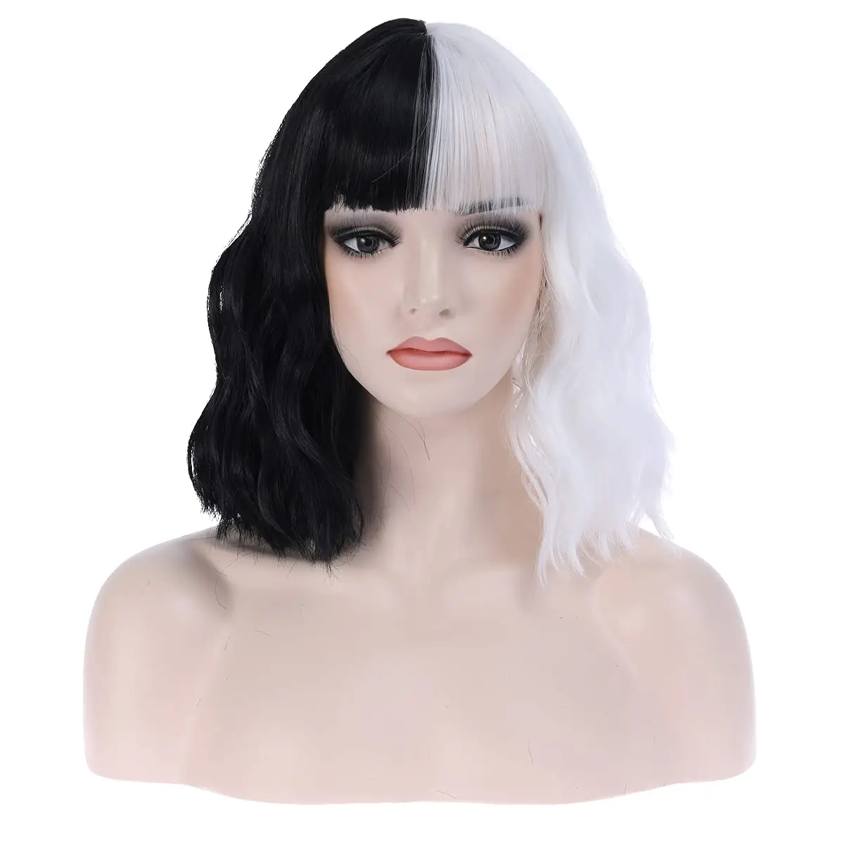 

CRUELLA De Vil Cosplay Wig Half White Half Black Synthetic Short Wavy Wigs With Bangs For Women Heat Resistant Natural Hair