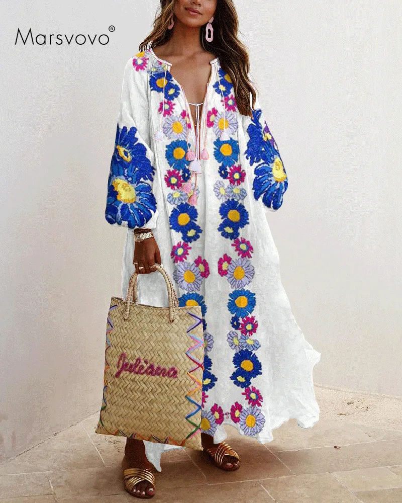 

A-line Floral Printed Sundress Puff Sleeve High Waist Women Dress Summer Ankle-length Long Beach WearPlus Size Maxi Red Dress