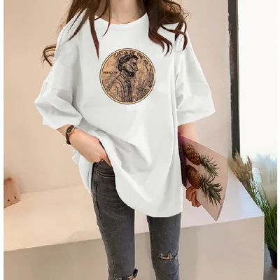 

2020 Korean version of the new summer wild cartoon printed mid-length loose short-sleeved T-shirt women