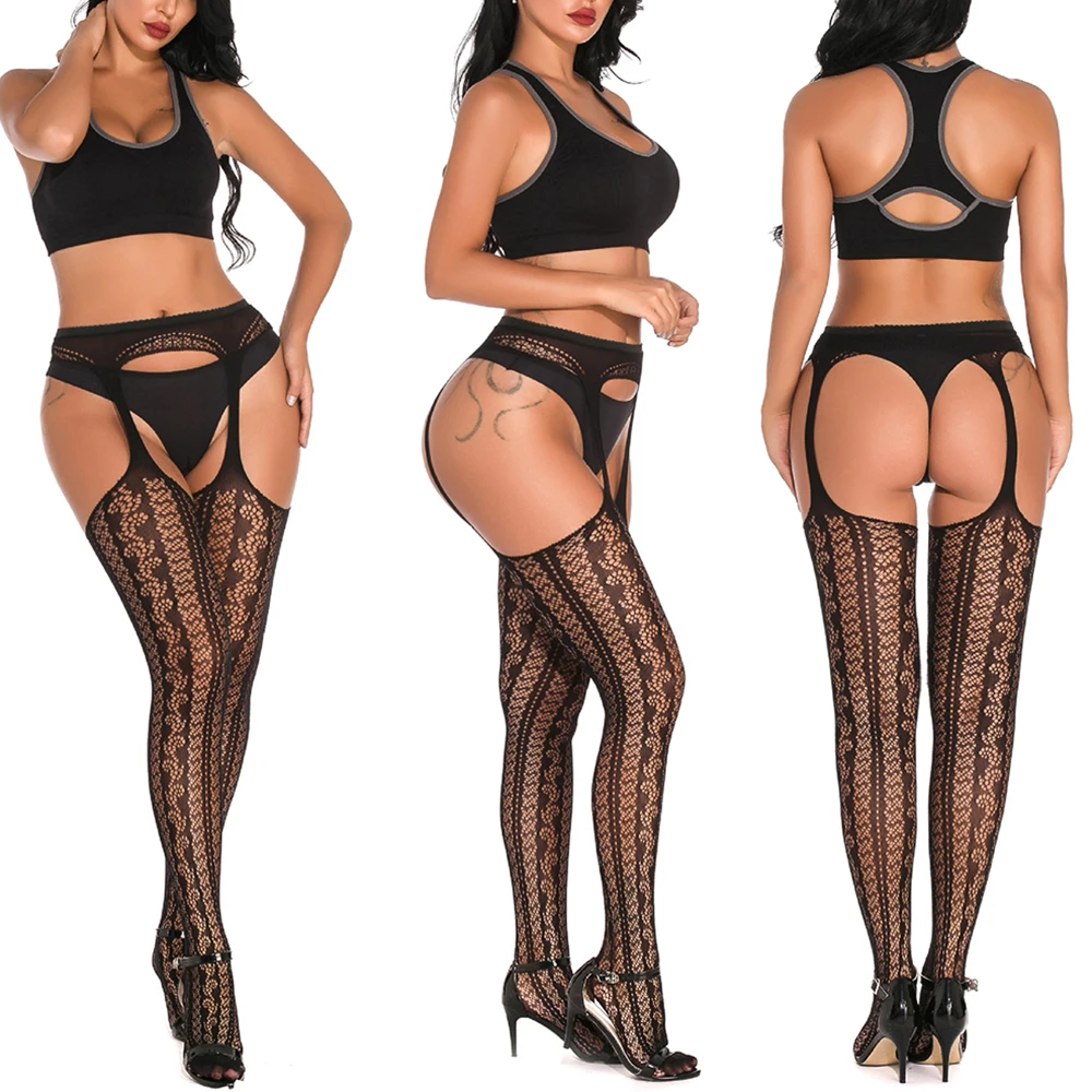 Женские сексуальные полосатые эластичные чулки прозрачные черные ажурные