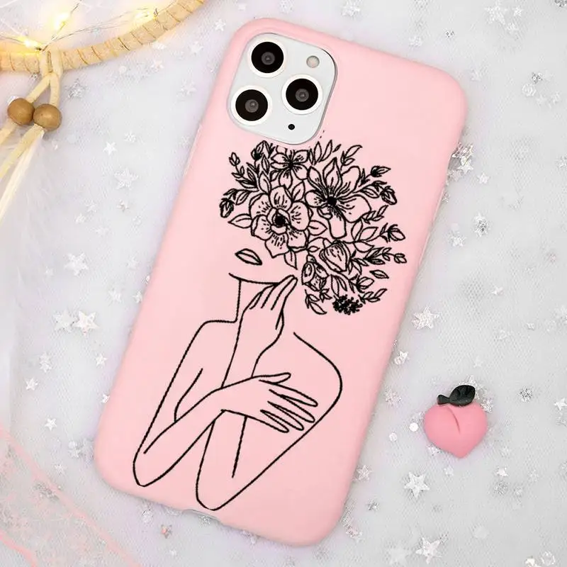 

Line Art Woman With Flowers Phone Case Candy Color Pink for iPhone 11 pro XS MAX 8 7 6 6S Plus X 5S SE 2020 XR