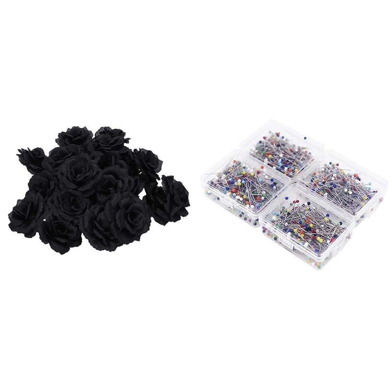 

20 Pcs Black Rose Artificial Silk Flower Party Wedding Decor DIY & 1000 Pcs Sewing Pins,1.5 Inch Glass Ball Head Pins