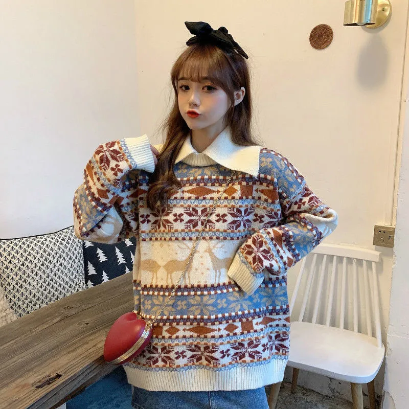 

Women Sweater Christmas Casual Knitted Sweater Square Collar Sweet White Pullover Spring Autumn Winter Femme jumper