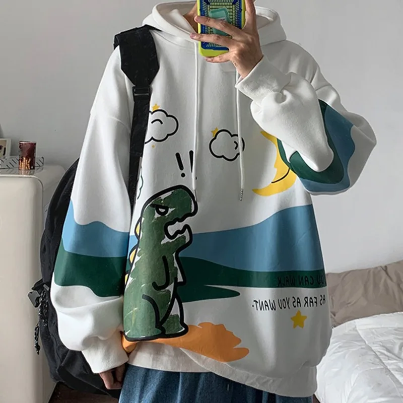 

Men Winter Cartoon Dinosaur White black Loose cute trend Print Pullover Long Sleeve Sweatshirt Loose Hoodie couple clothes