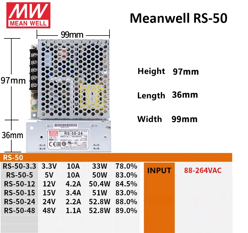 Источник питания с одним выходом MEAN WELL RS-15 RS-25 RS-35 RS-50 3 В 5 12 15 24 48 Meanwell | Обустройство