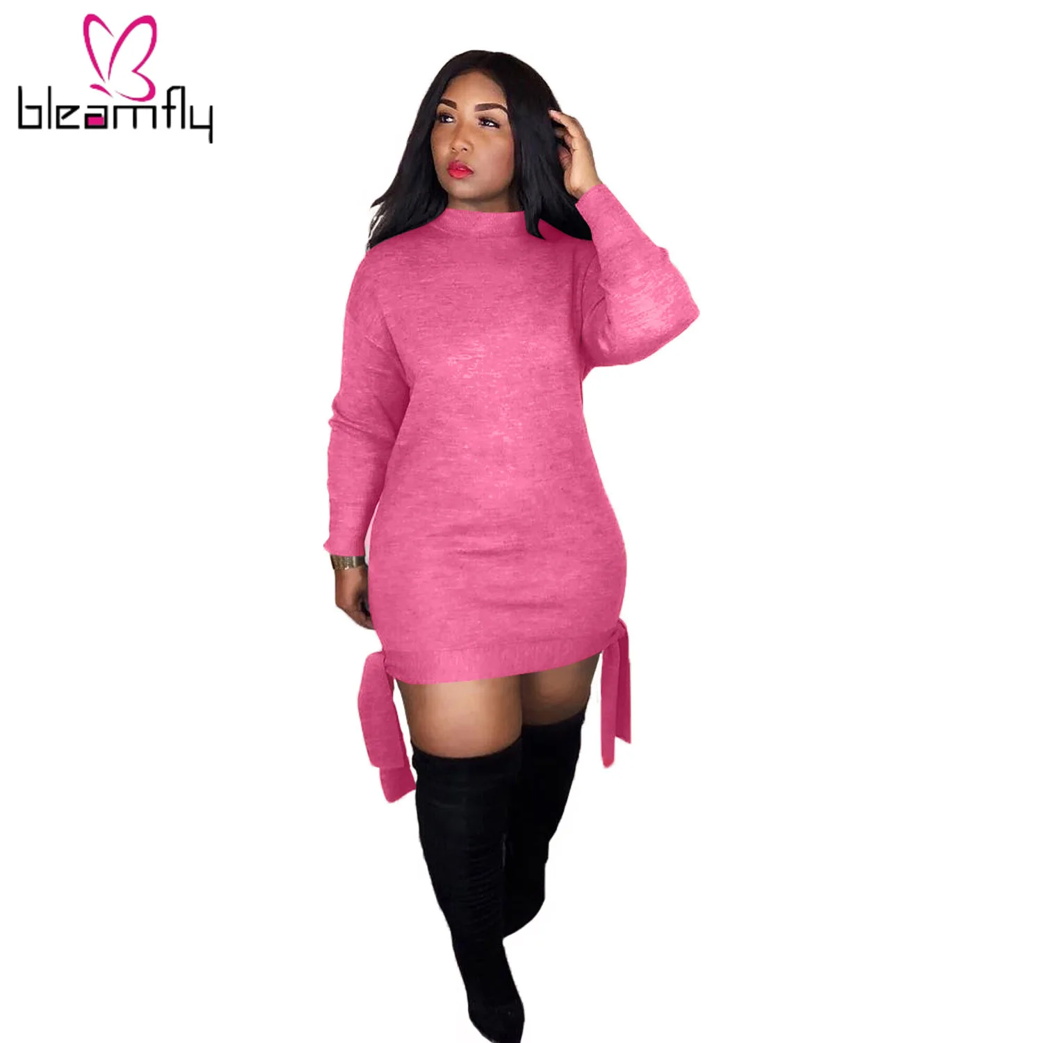 2019 женское осеннее Новое однотонное мини платье с длинным рукавом и завязками