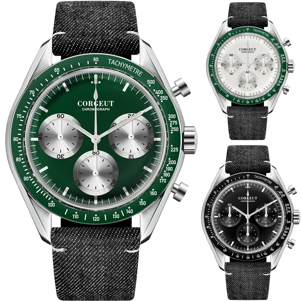 40MM Corgeut Luxury Mens Watch Sport Multifunction Chronograph Leather Strap Quartz Male Clock Black White Watches часы мужские |