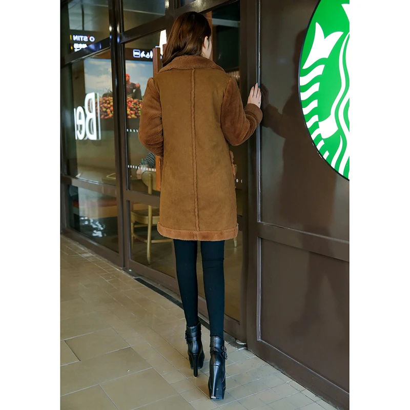 Женское пальто из искусственной кожи и овечьей шерсти длинное плотное теплое