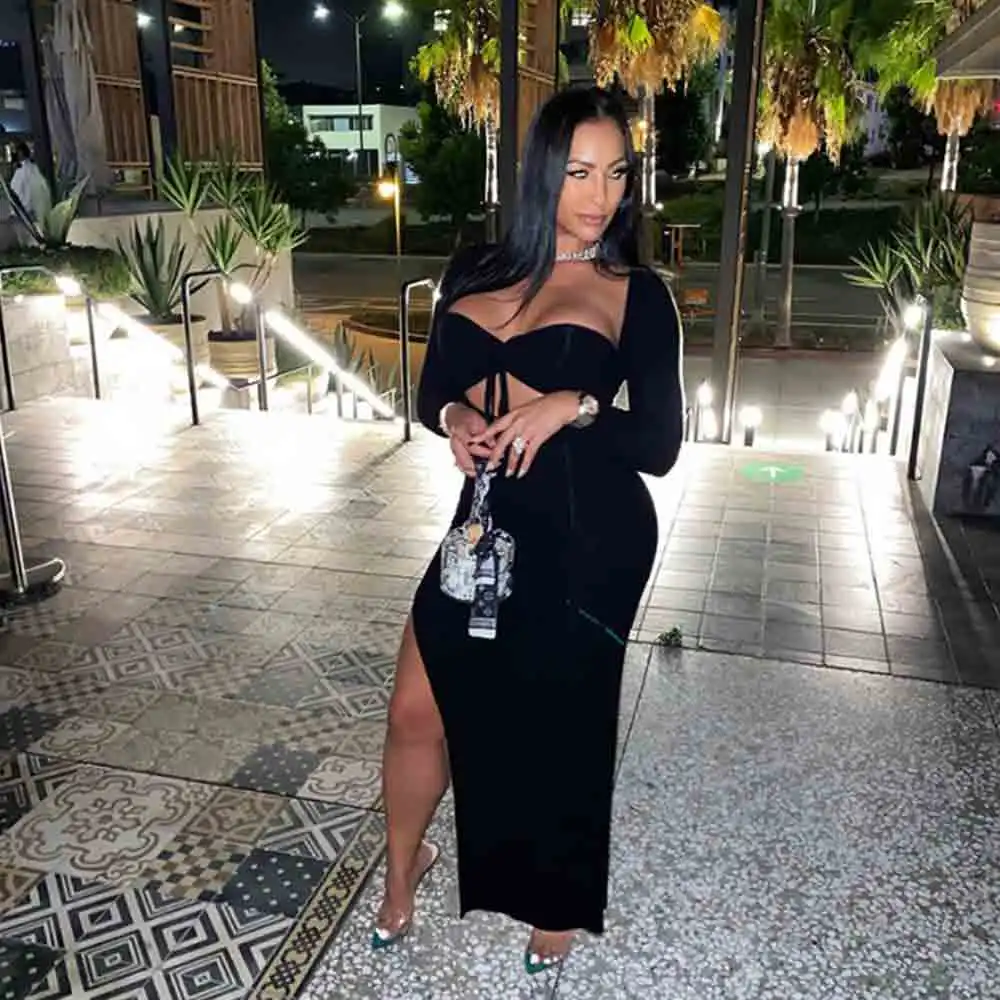 

Dress Women Long Sleeve Drawstring Ruched Sexy Strapless Bodycon Autumn Streetwear Elegant Party Ankle-Length Dress