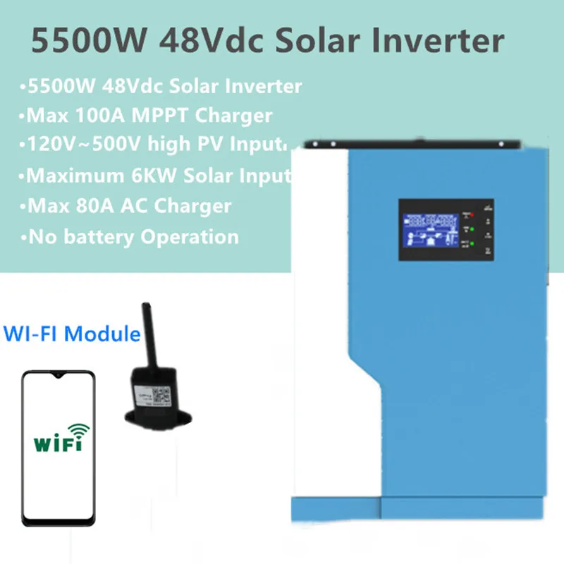 С модулем Wi Fi Гибридный солнечный инвертор 5.5KW 48Vdc 100A MPPT 6KW Солнечная энергия 80A AC