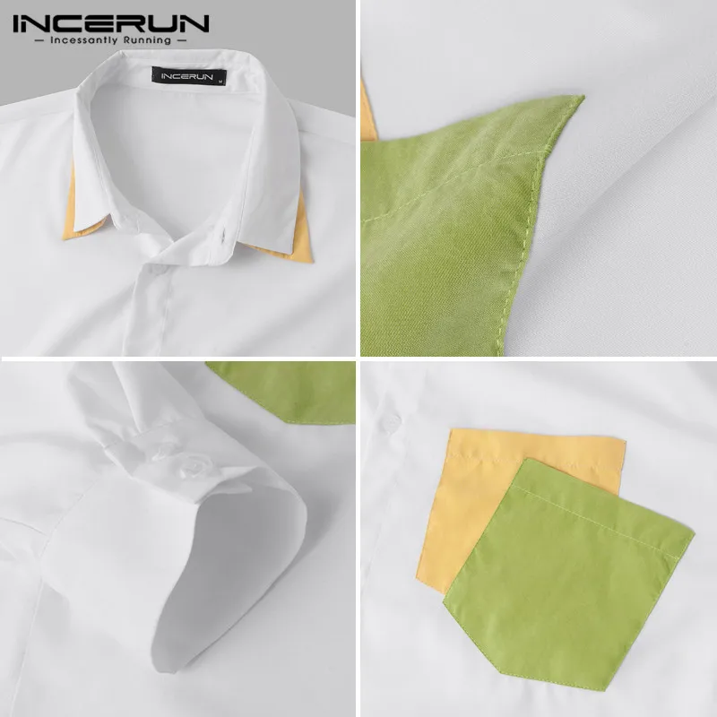 

INCERUN Men Patchwork Shirt Turn Down Collar 2021 Long Sleeve Button Casual Camisa Streetwear Korean Style Fashion Mens Shirts