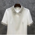 Женское Брендовое элегантное платье-трапеция, черно-белое платье мини с коротким рукавом и воротником из бисера, осень 2021