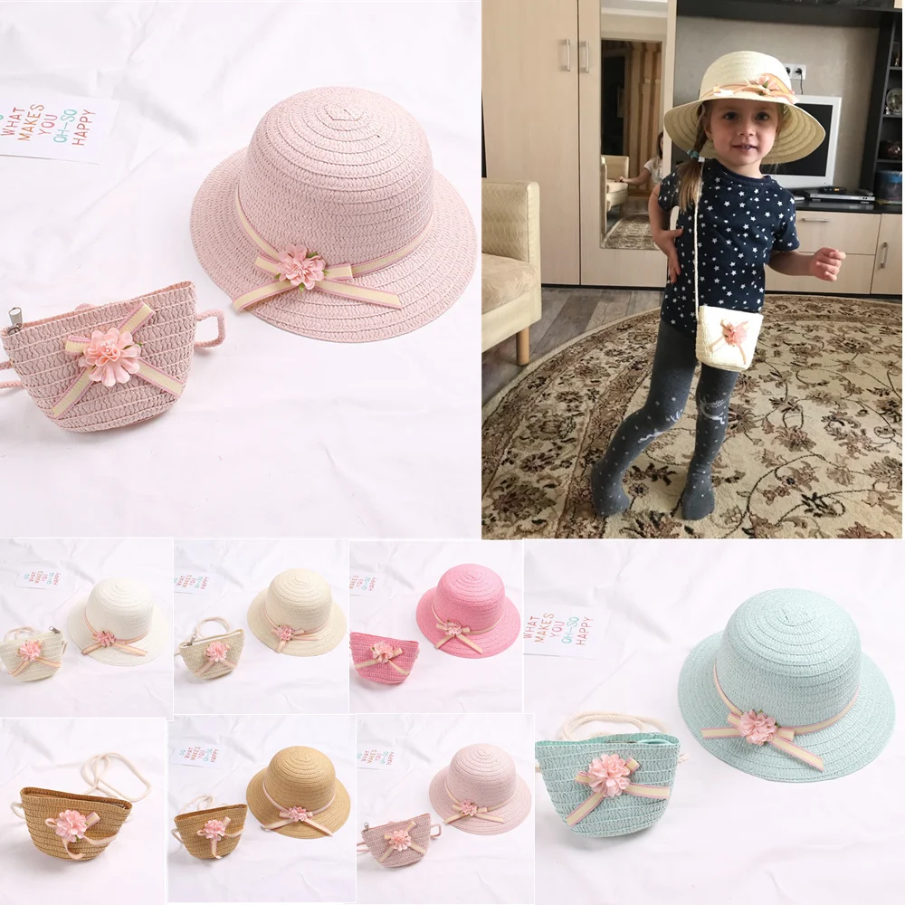 Летняя детская дышащая шляпа с цветами для девочек соломенная сумкой Детская