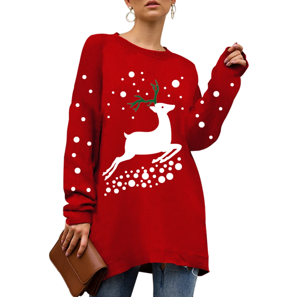 HEFLASHOR 2019 Christmas Women Sweater Jumper Winter Elk Print O-Neck Long Sleeve knitted Pullover Medium long female clothing | Женская