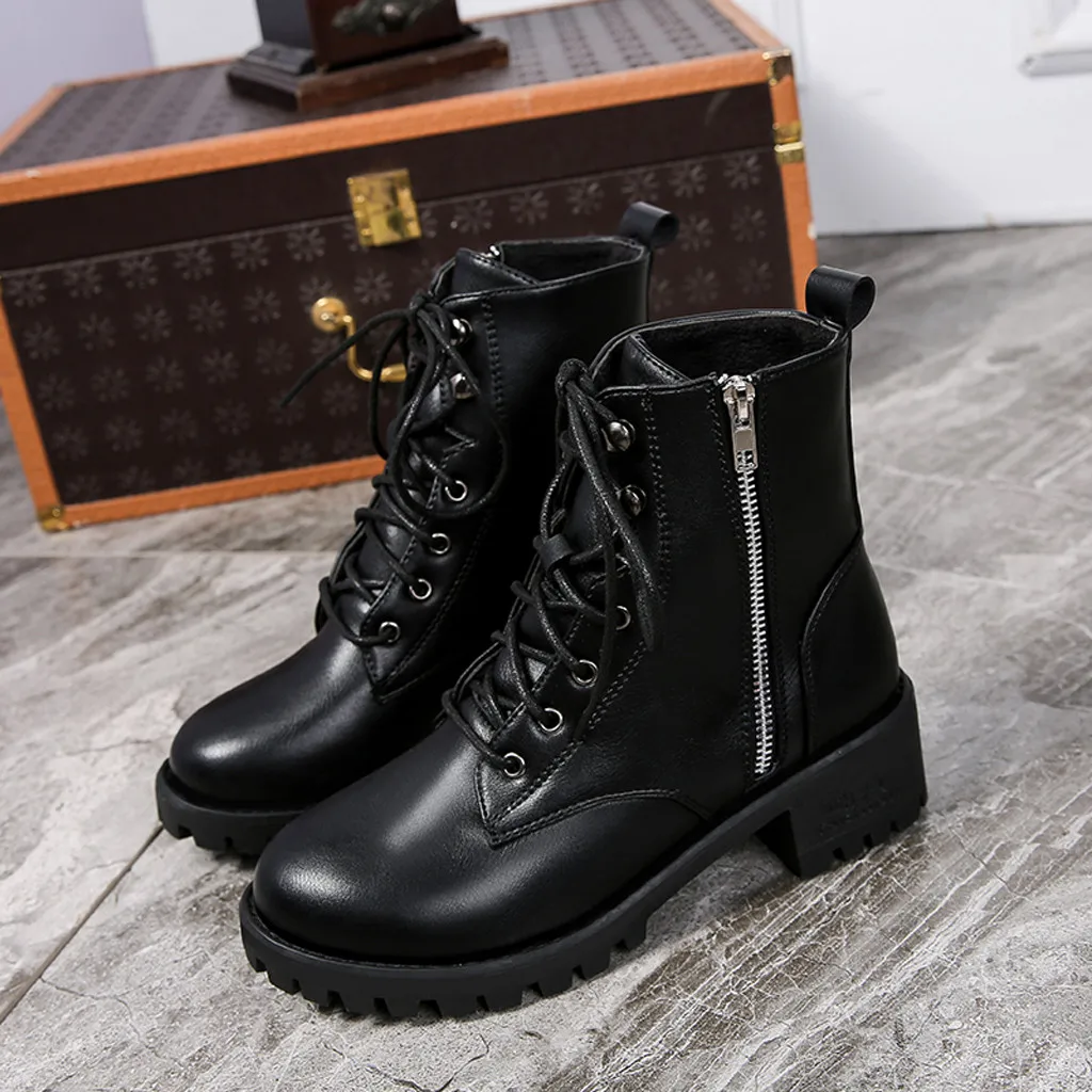 SAGACE/Женские однотонные черные кожаные ботинки на молнии среднем квадратном
