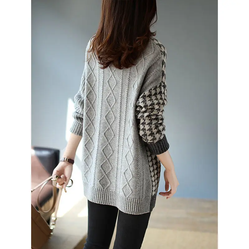 Контрастный женский свитер тысяча птиц в клетку средней и длинной осенне-зимней