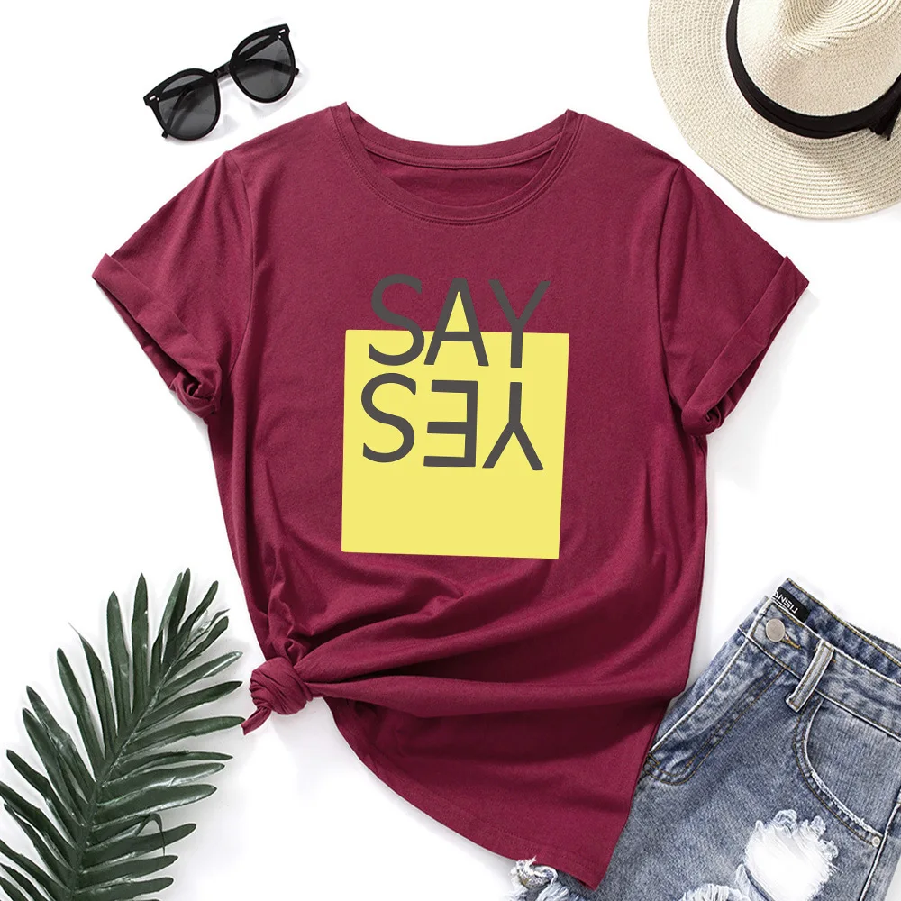 

Say Yes Print Crew Neck Short Sleeve Summer Cotton Graphic Tee Tops for Women Female Shirts Clothes Loose Casual T-Shirt Top