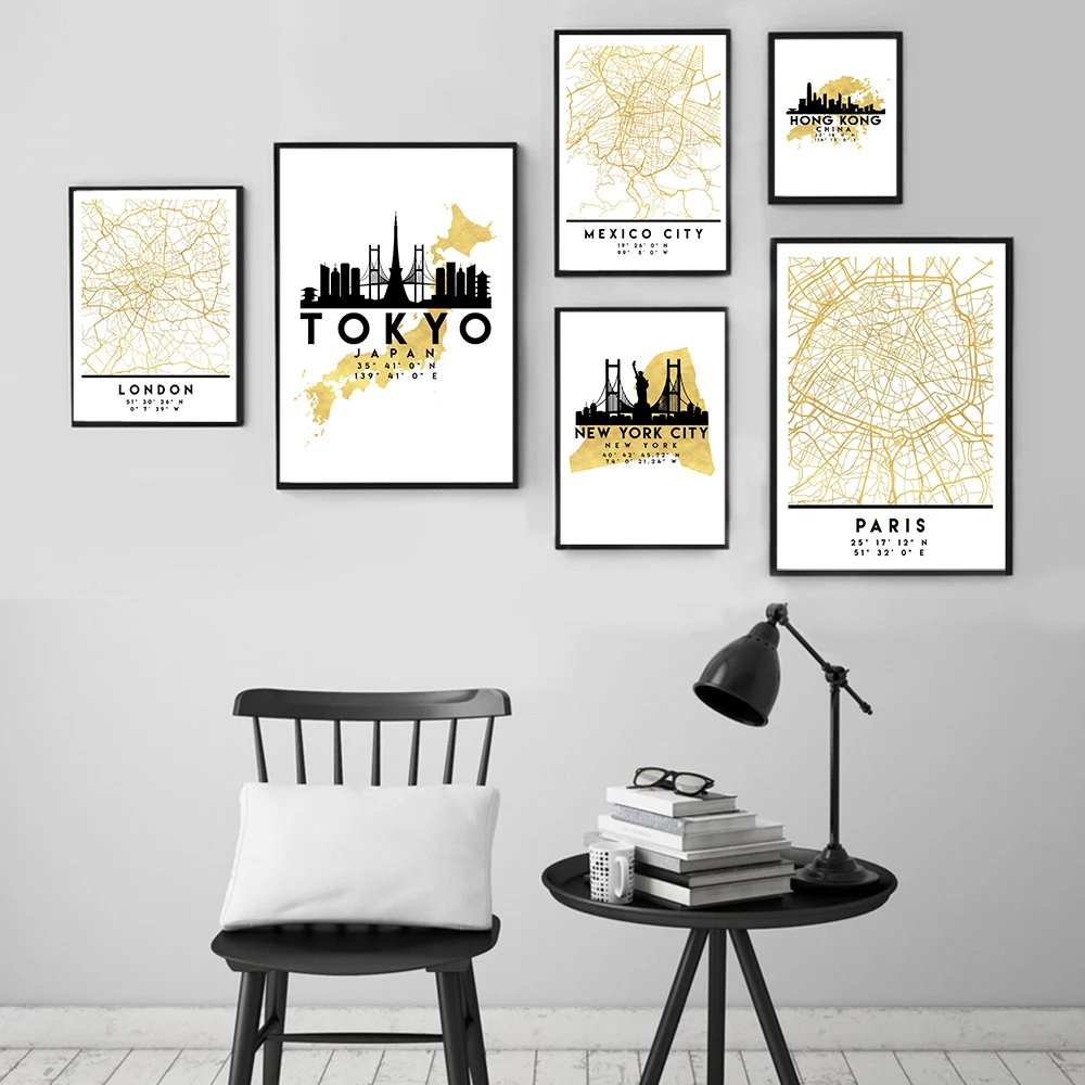 

Modern City Skyline Map HD Print Poster London Paris Chicago New York Mexico Silhouette Map Canvas Picture Livingroom Wall Decor
