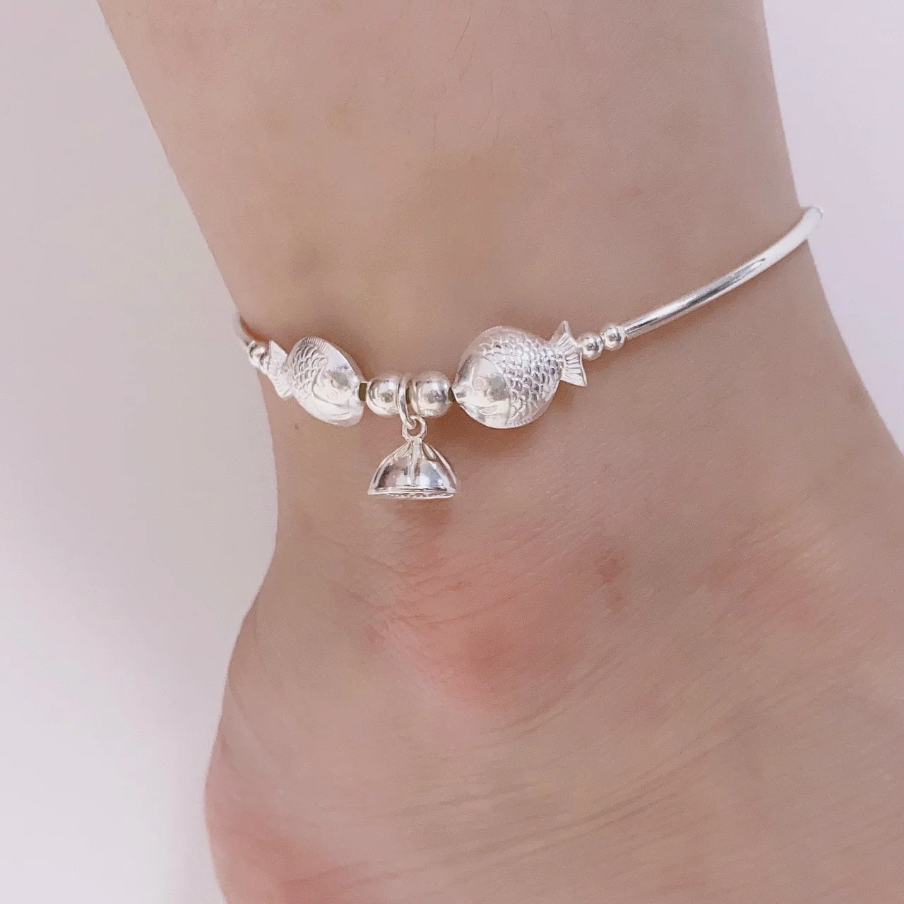 

925 Sterling Silver Small Fish Elbow Anklet Jewelry for Women Girls Cute Lotus Bell Beads Bracelets on Leg Foot Ornament JL006