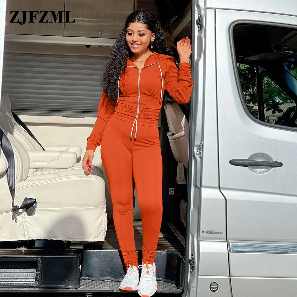 

Street Style Two Pieces Pant Suits Women Autumn Winter Clothing Zipper Hooded Long Sleeve Coat and Drawstring Jogger Leggings
