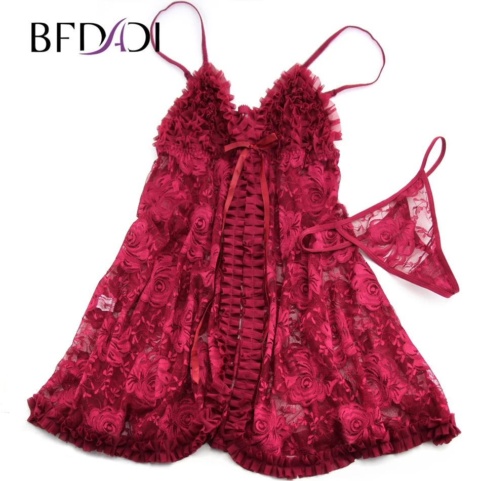 Women Sexy Lingerie Front Open Sleepwear Sets Europe and America style sexy Flowers lace perspective dress + T pants 0922 | Женская