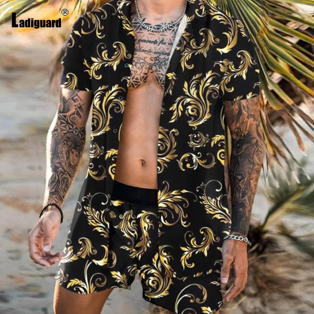 Ladiguard Plus Size Men clothing ropa hombre sexy mens Shirts sets BOHO flower print two piece sets Trend 2021 summer beachwear