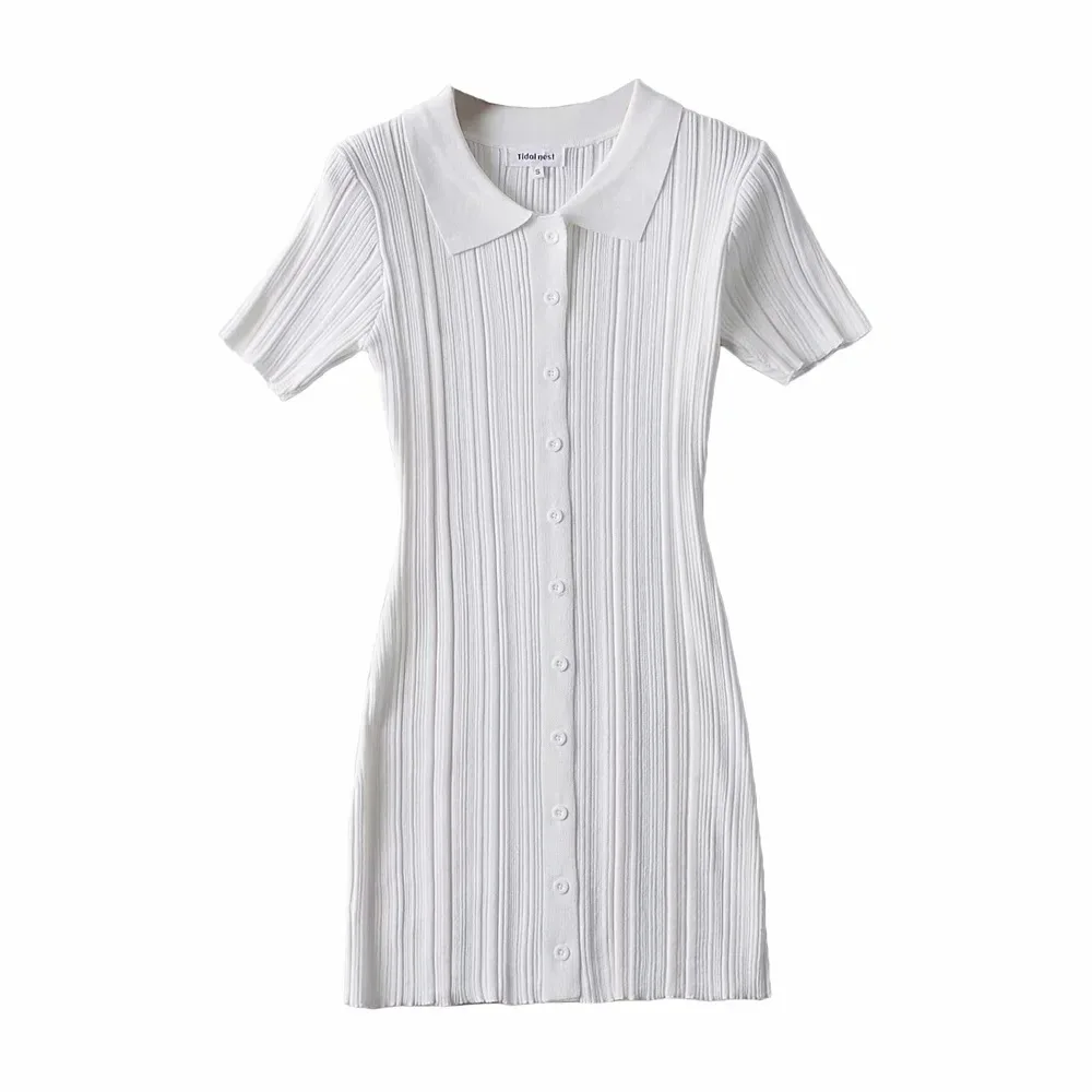 

TVVOVVIN 2021 Spring Women's New Elastic Polo Collar Knitted Dress Short Sleeve High Waist Single Breasted Female Dress Z8P7