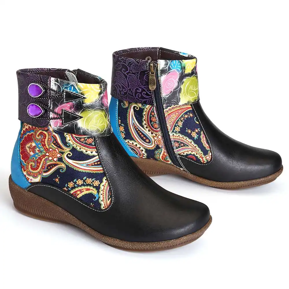 SOCOFY botas mujer; удобные черные ботильоны из натуральной кожи на плоской подошве в стиле ретро с рисунком розы; женская обувь на каблуке; вечерние зимние ботинки; коллекция года