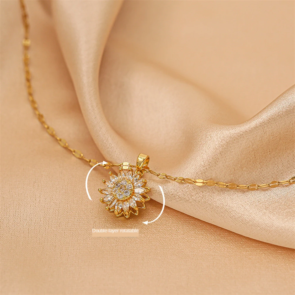 

Double layer rotate Sunflower Necklace for Women Jewelry Titanium Steel Zircon Pendant Necklace Luxury Choker Drop shipping