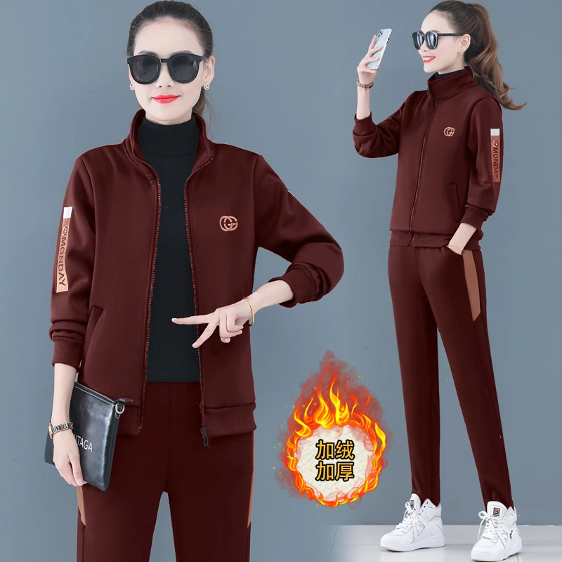 

Velvet tracksuit for women 2020 winter female thickening lambs wool coat +pants suits women's plus size zipper two-piece sets