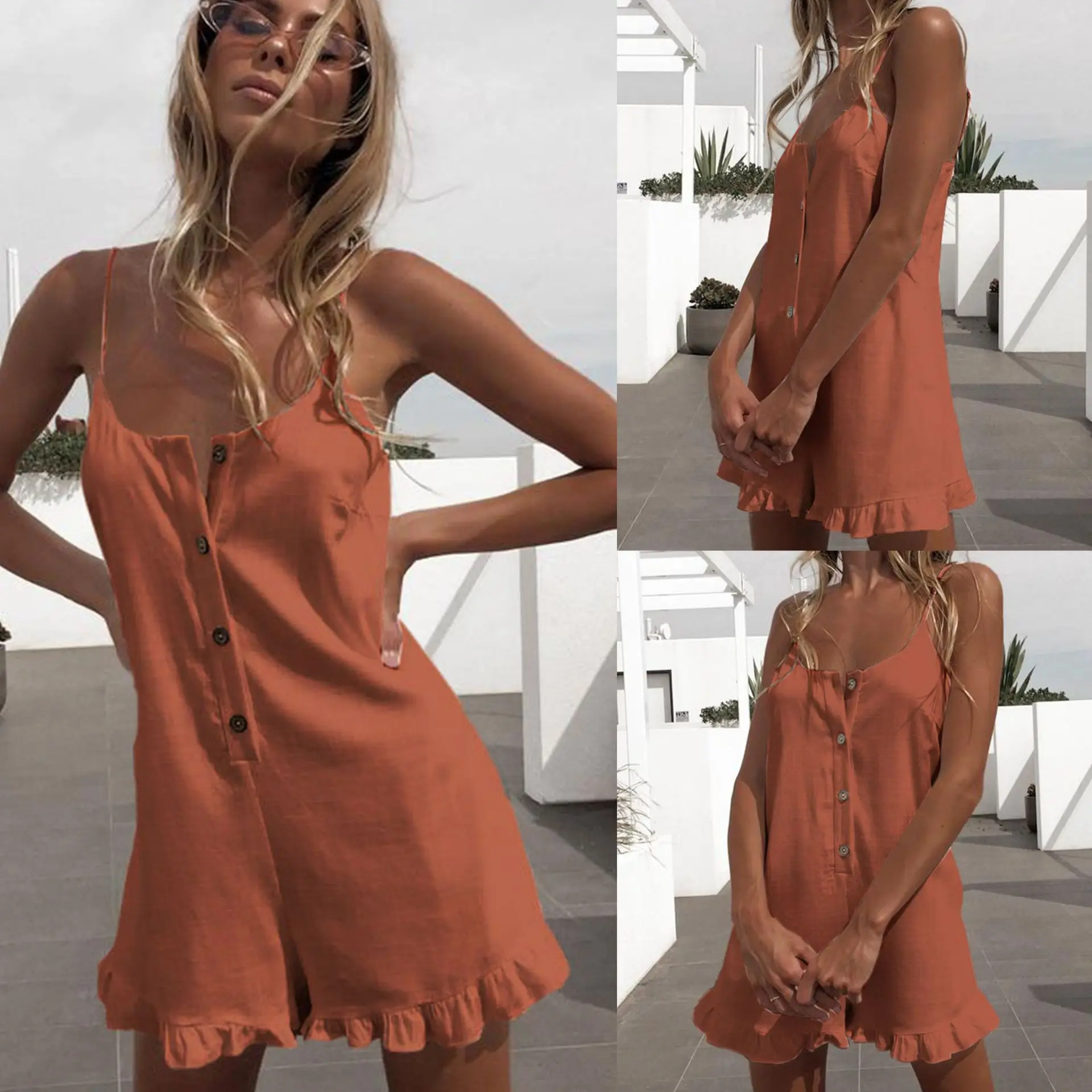 2019 сексуальный женский комбинезон без рукавов на пуговицах с оборками и