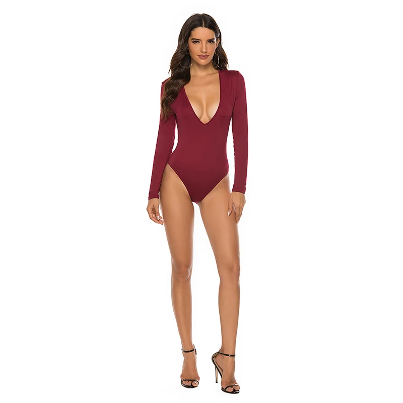 

Summer Sexy Deep V Neck Bodysuits Women Long Sleeve Solid Color Jumpsuits Casual Skinny Bodysuits Autumn One Piece Body Bodysuit