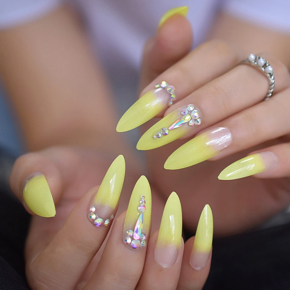 

EchiQnails Extra Long Rhienstone Fade Diamond Nails Stiletto Sharp Pre-Design Nails Charms Fingernails Flase Nails Pree ON Nails