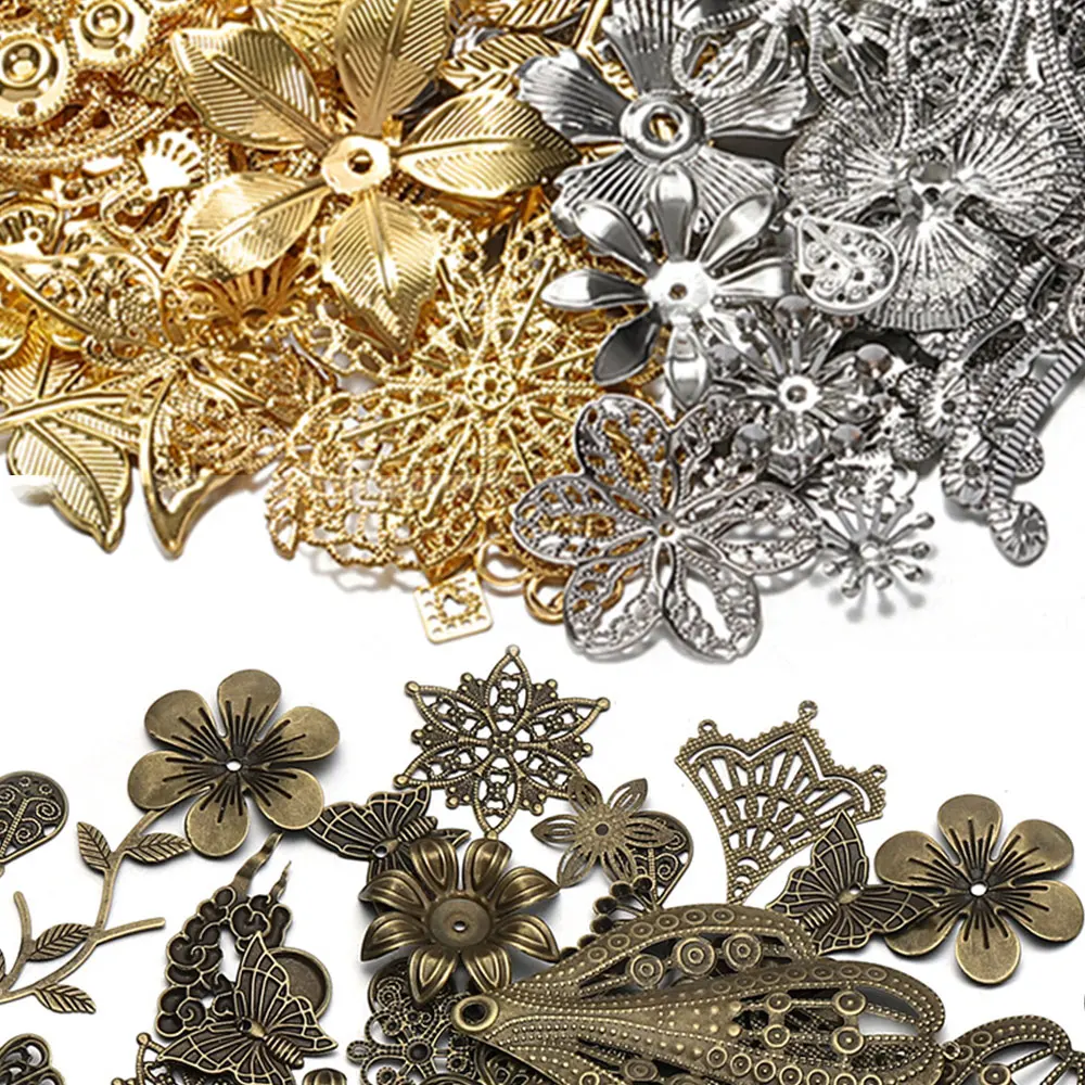 

150pcs 50g Metal Flower Filigree Wraps Connector Gold Rhodium Color Beads Cap Charm For Jewelry Making DIY Decoration Accessory