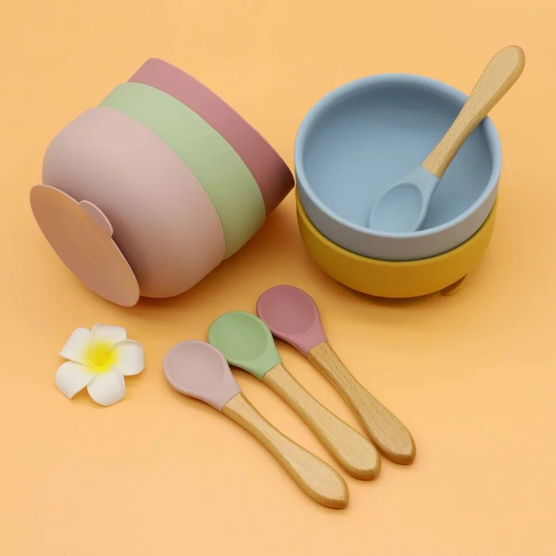 Taz&oacute;n de cuchara de madera para beb&eacute;s, suministro directo, suplemento de alimentos para beb&eacute;s, juego de vajilla de grado alimenticio, taz&oacute;n con ventosa fuerte de silicona, 2 uds.-1