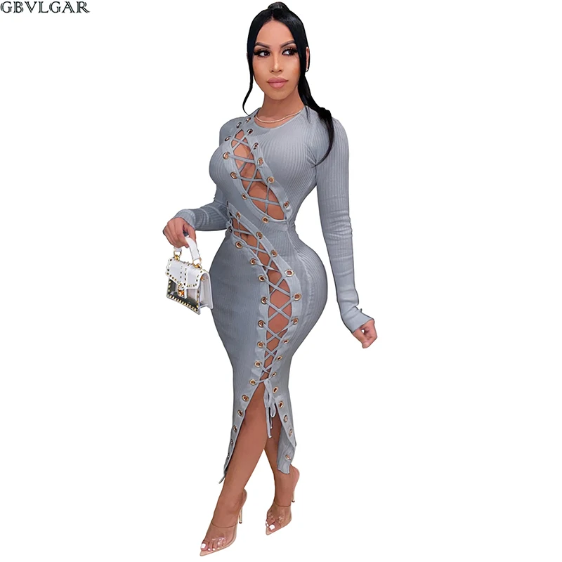

Autumn Women Long Sleeve Split Bandage Club Party Dress Rib Knit Sexy Hollow Out Eyelet Lace Up Maxi Dress Festival Vestidos