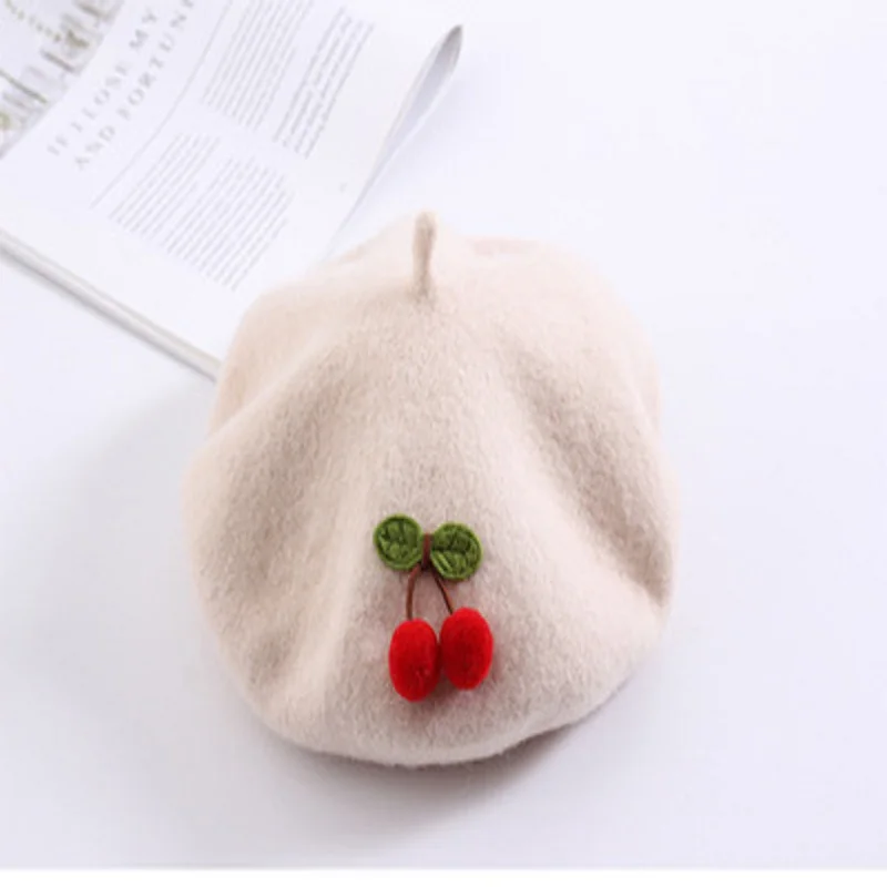 Cherry Beret  Children’s Child’s 2-6 Autumn Winter Warm Girl Pure Color Cute Japanese Style Handmade Fashion Painter Berets Kids Hats Headwear for Girls Toddlers in Beige